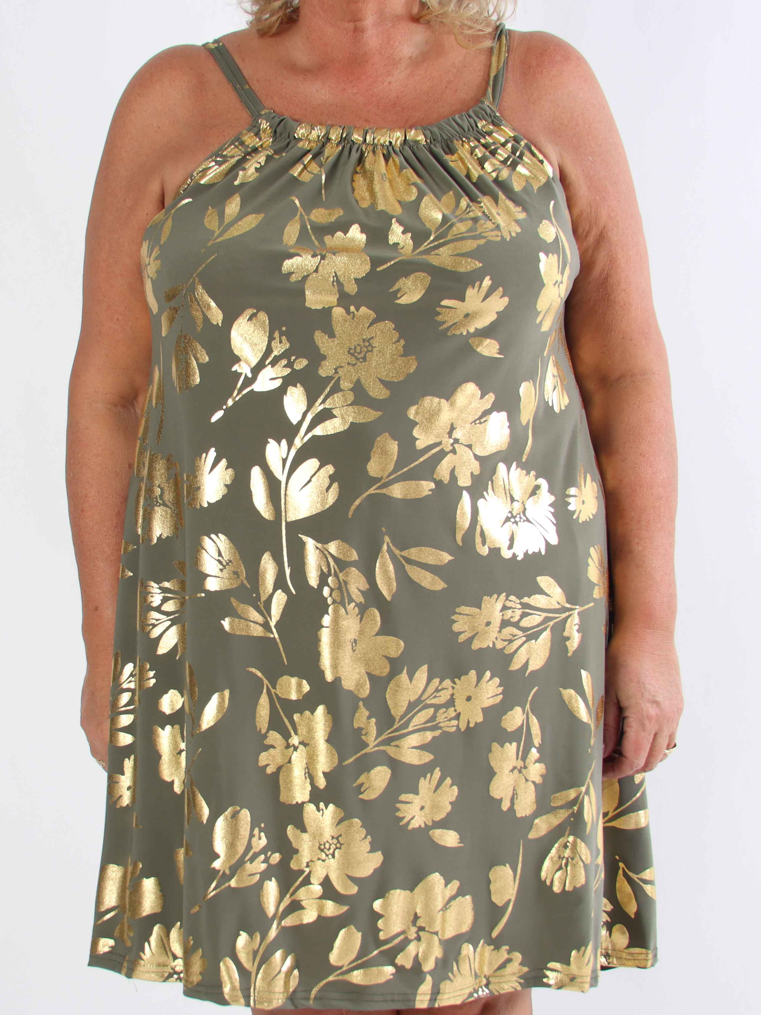 SunLove Gold Flower - Elastisk plus size stropkjole med store guldblade